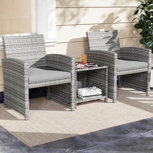 Costway 3 PCS Patio Furniture Set with Tempered Glass Coffee Table & Soft Seat Cushions Gray/Black/White - 1 of 4