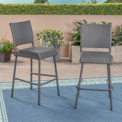 Jiro Gray Rattan Outdoor Barstool with Iron Frame