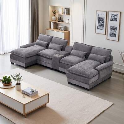 123" Chenille U-Shaped Sectional Sofa, Double Chaise, Console, USB
