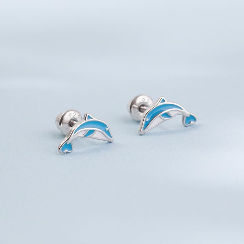 Girls' Enamel Leaping Dolphin Screw Back Sterling Silver Earrings - Blue - In Season Jewelry, 5 of 7