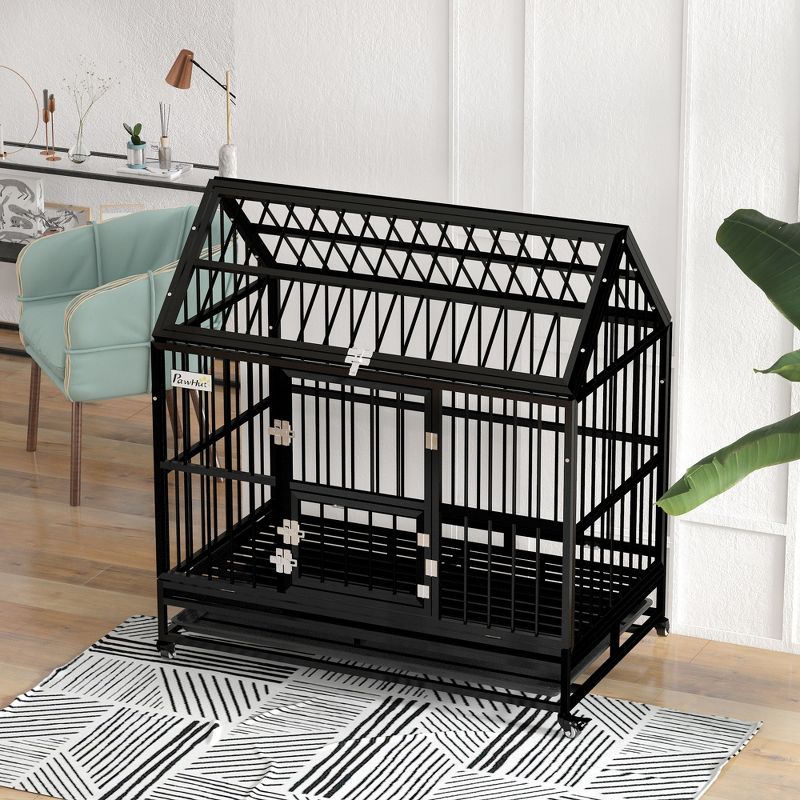 PawHut 49" Heavy Duty Dog Crate, Strong Steel Large Dog Crate with 4 Lockable Wheels, Double Doors, and Removable Tray, for XL and L Dogs, Black, 5 of 7