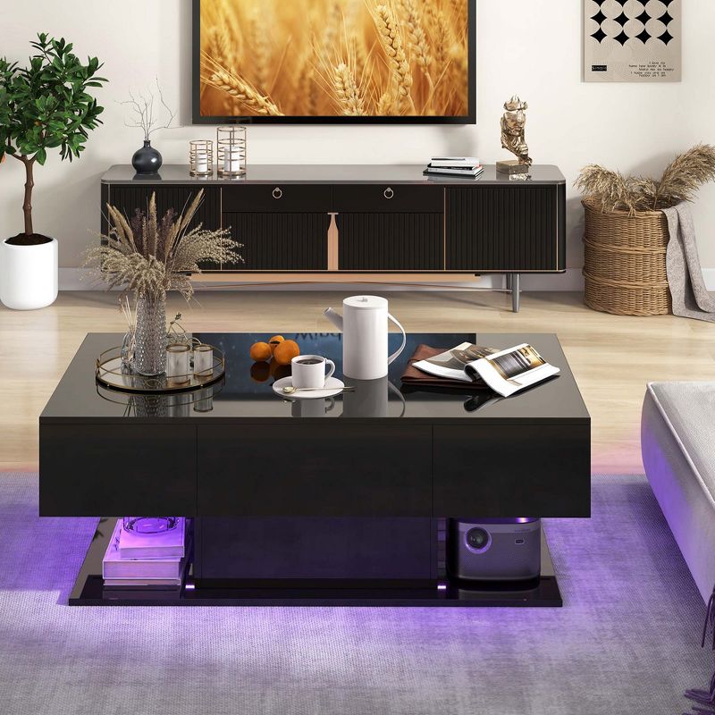 Costway LED Coffee Table with 2 Drawers 20-Color Dimmable LED Lights & Remote Control White/Black, 4 of 11