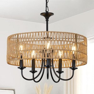 KTMBDW 5-Light Farmhouse Wood Chandelier Light Fixture,15.7" Rustic Industrial Rattan Hanging Pendant Lighting for Kitchen Island Dining Room,Brown - 1 of 4