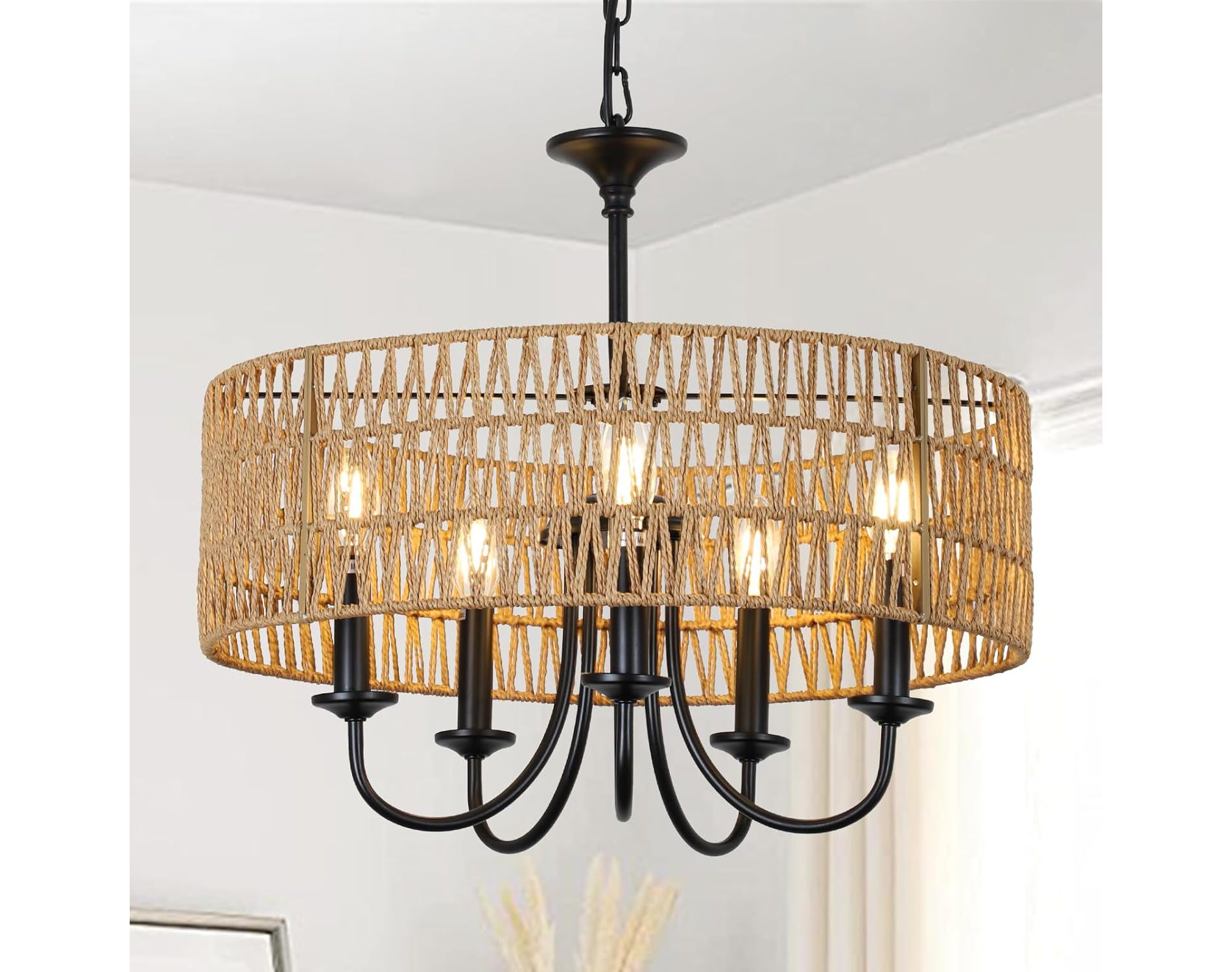 Gulches 59 in Brown Modern Farmhouse Boho 5-Light Dimmable Pendant Chandelier for Living Room with Hand Woven Rattan Cage Shade