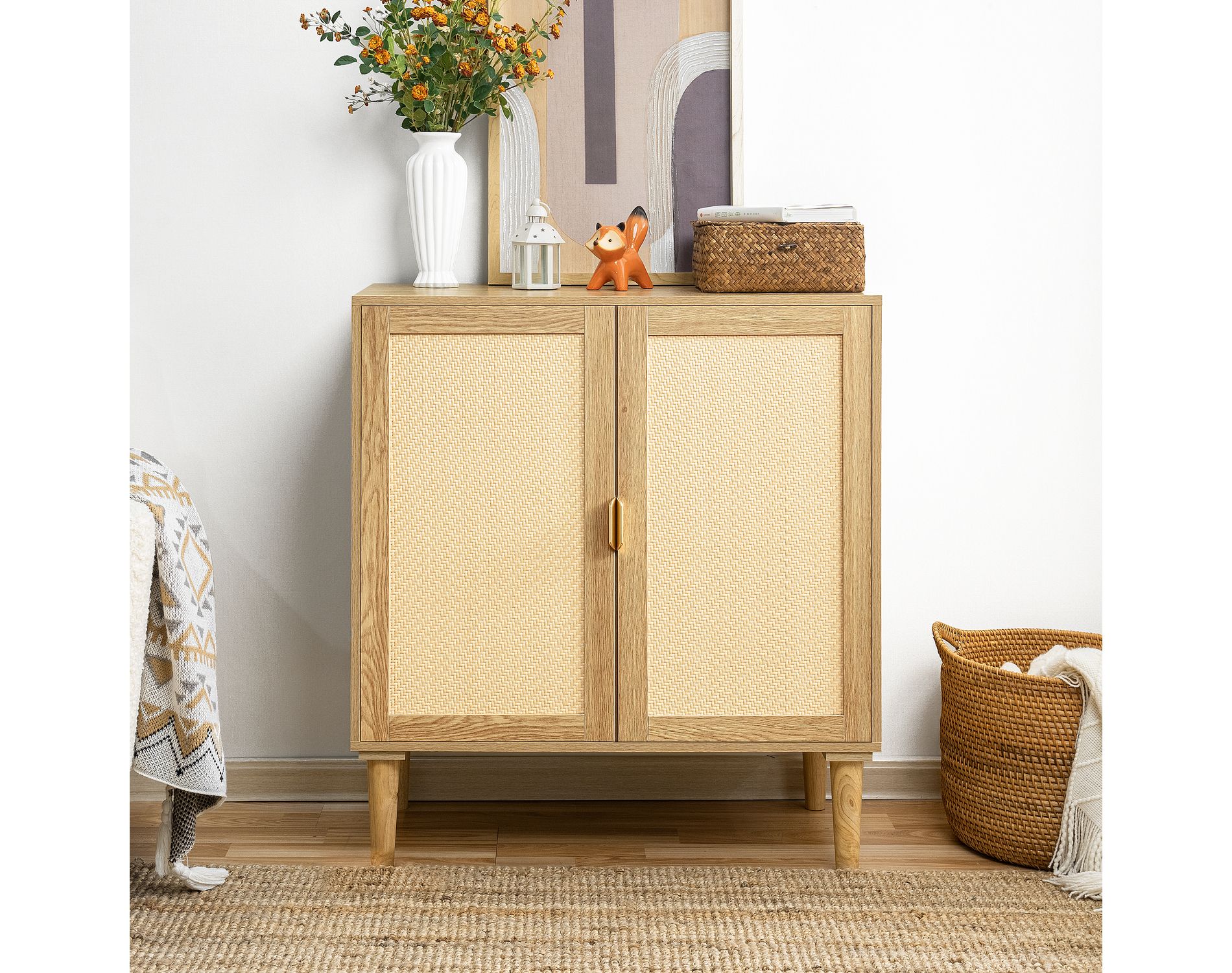 Home Imports Emporium Double Door Rattan Table – Natural Woven Cabinet for Modern Boho Home Decor, Versatile Storage Cabinet without Drawers