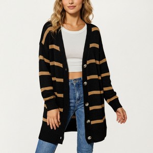 Anna-Kaci Women's Long Sleeve Striped Knit Button Front Cardigan with Soft Textured Feel and Relaxed Drop Shoulder Fit - 1 of 4