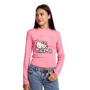 Hello Kitty Talking On Phone Glitter Print Women's Pink Long Sleeve Baby Tee - 1 of 4