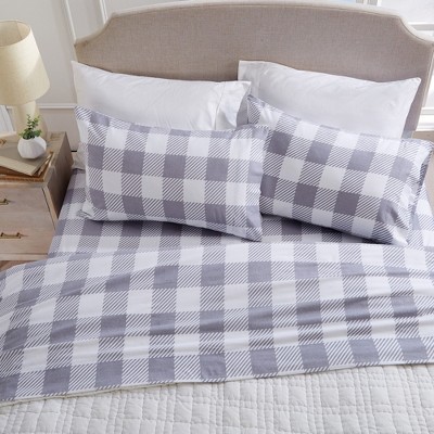 Queen Size Grey Buffalo Check Cotton Flannel Sheet Set
