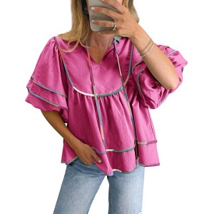 Imily Bela Women's Doll Shirt Top V-Neck Short Lantern Sleeve Blouse Cute Ruffle Flowing Summer Top - 1 of 4