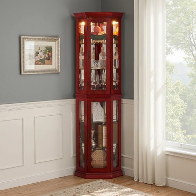 Wooakway 70"H Oak Lighted Corner Cabinet with Adjustable Tempered Glass Shelves Display Case and Bar Storage