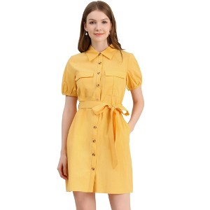 Allegra K Women's Collared Side Pockets Button Up Cotton Belted Shirt Dress - 1 of 4