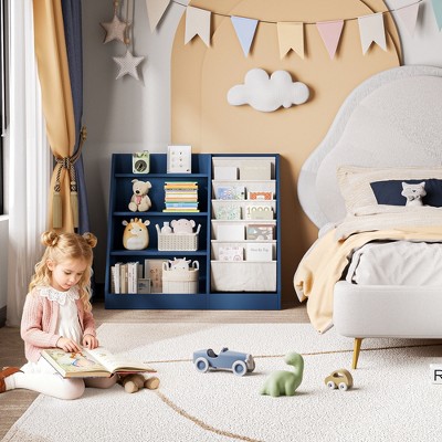 35 in. Wide White Finish 4 Shelf Bookcase with Cotton Linen Storage Sling Pockets