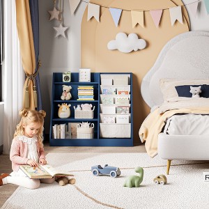 35 in. Wide White Finish 4 Shelf Bookcase with Cotton Linen Storage Sling Pockets - 1 of 4