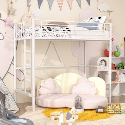 VECELO Twin Size Metal Loft Bed with Removable Ladder and Safety Guardrail White