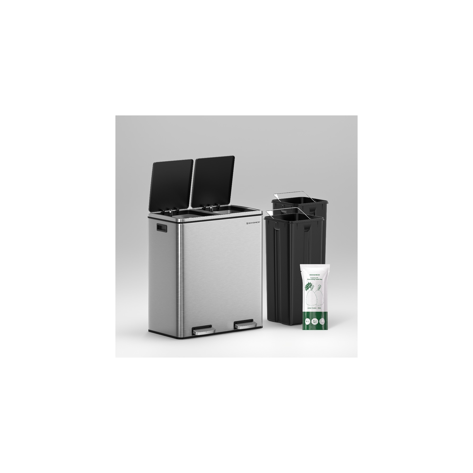 Dual 8 Gallon (2 x 30 L) Trash Can for Kitchen with 15 Bags, 2 Compartments, Plastic Inner Buckets, Hinged Lids, Airtight