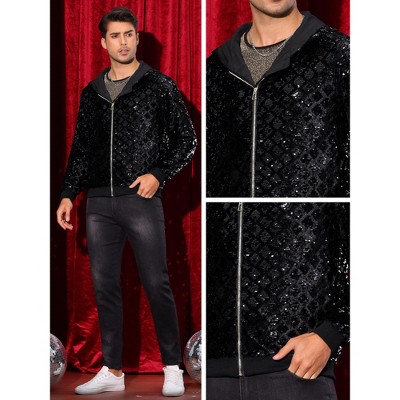 Lars Amadeus Men's Long Sleeves Shiny Metallic Sequins Argyle Printed Hooded Jacket Black X Large — фото 5