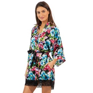Ashford & Brooks Women's Satin Lace Short Duster Robe - 1 of 4