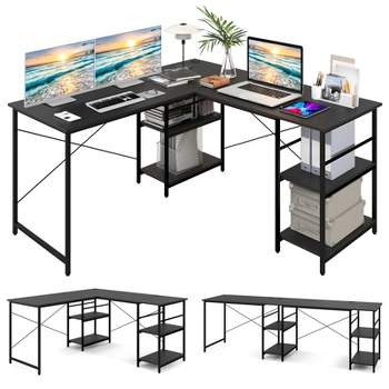 Tangkula Large L-shaped Computer Desk 60” Convertible Corner Desk with 4 Storage Shelves 95” 2-Person Long Study Writing Workstation Black/Rustic Brown/Natural/Grey