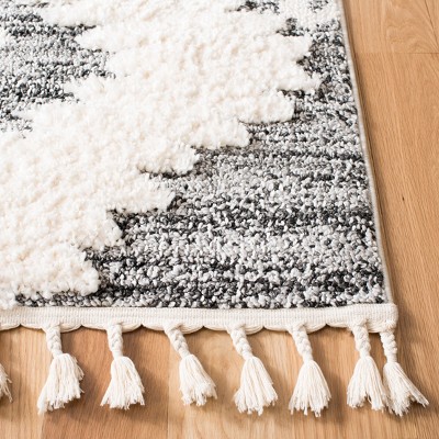 Ivory and Grey Diamond Pattern Shag Runner Rug with Tassels