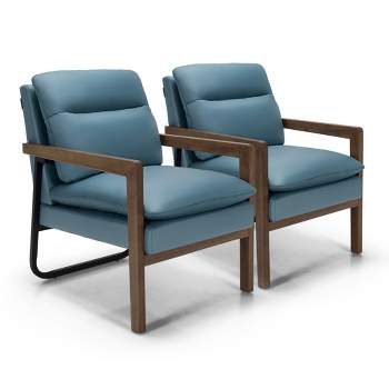 Costway Set of 2 Modern Accent Armchair Lounge Chair w/ Wood Legs & Steel Bracket Yellow\Blue\Green