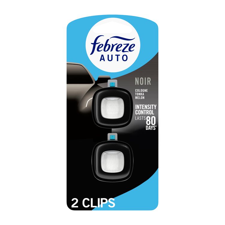 Two black colored car air freshener clips on a blue and black package labeled "Febreze Auto Noir" with "Cologne Tonka Melon" and "Intensity Control Lasts 80 Days."