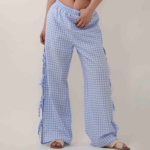 Women Everyday Checked Elastic Waist Side Strape Bowtie Casual Loungewear Pants Cherie Code - 1 of 4