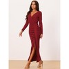 Seta T Women's Party Ruched Wrap Long Sleeve V Neck Split Hem Draped Front Bodycon Maxi Dress - 2 of 4