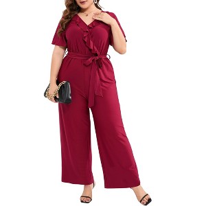 Clearlove Women Plus Size Ruffle V Neck Short Sleeve Tied Elastic Waist Wide Leg Jumpsuits Casual Rompers - 1 of 4
