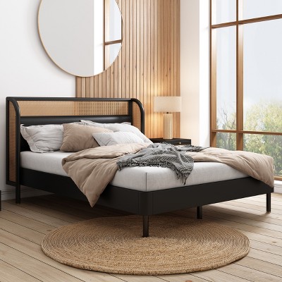 Gulches Modern Cannage Rattan Wood Platform Queen Bed, Black