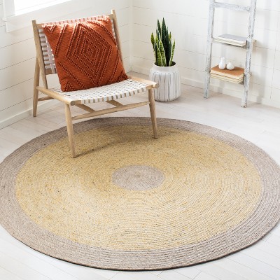 Handmade Gold and Beige Round Wool Braided Rug