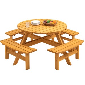 Dexmalle 8-person Round Wooden Picnic Table Outdoor Table w/ Umbrella Hole & Benches - 1 of 4