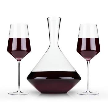 Viski Raye Bordeaux Wine Glasses & Decanter Set - Premium Crystal Clear Glass, Modern, Stemmed, Flat Bottom, Red Wine Gift - Set of 3