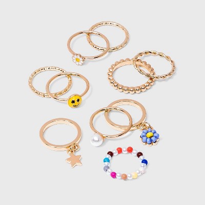 Star and Flower Charm Ring Set 10pc - Wild Fable™ Gold