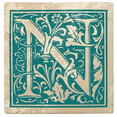 Christmas by Krebs Set of 4 Ivory and Teal Blue Alphabet "N" Square Monogram Coasters 4"