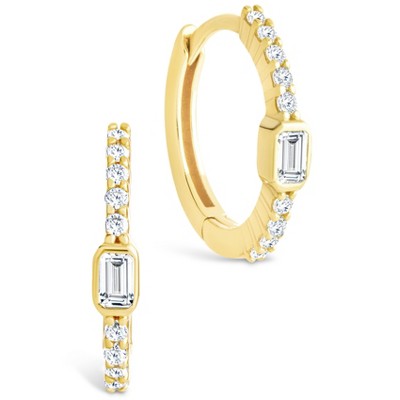 SHINE by Sterling Forever Sterling Silver Emerald Cut Bezel Set Huggie Hoop Earrings