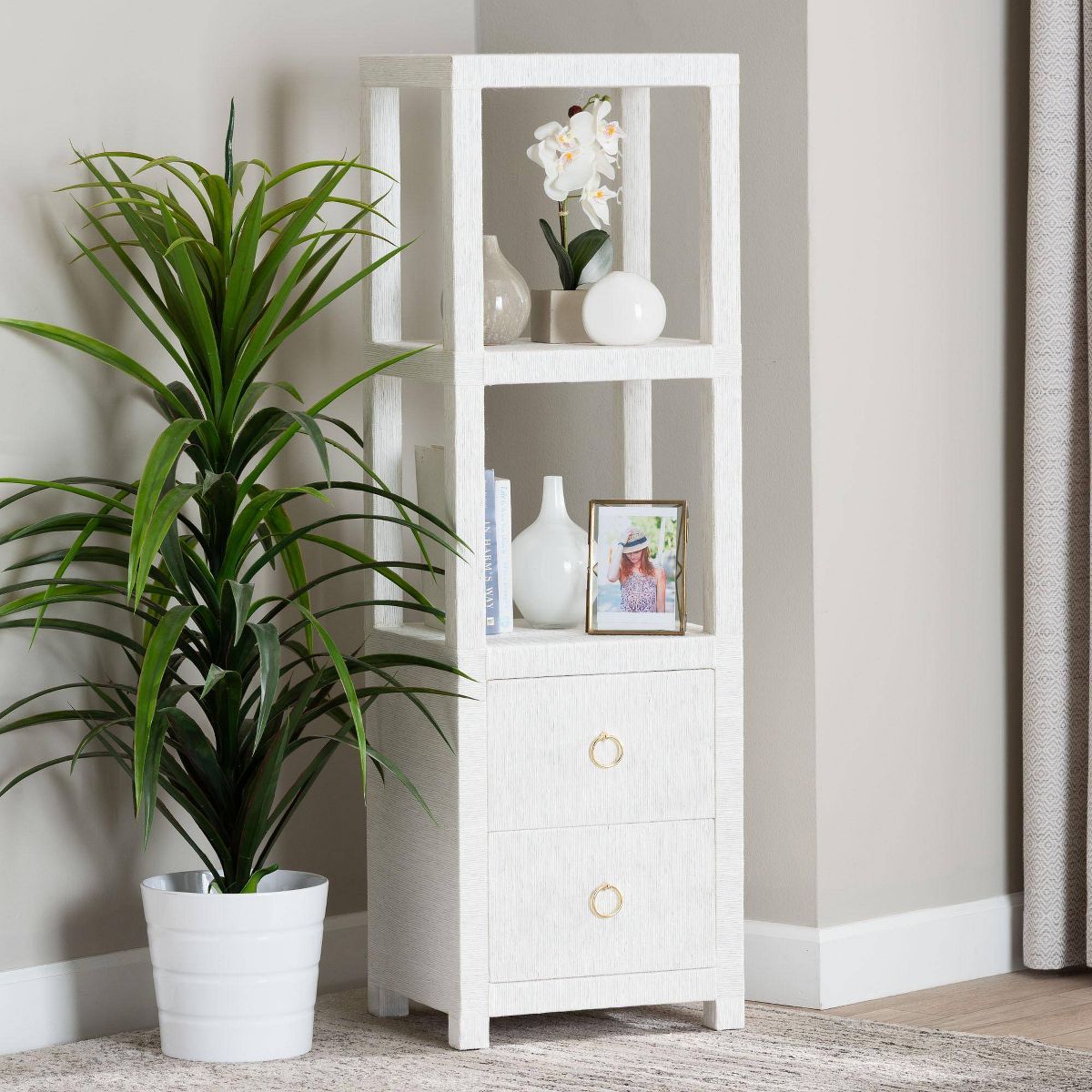 bali & pari Xavier Grasscloth Tall Storage Cabinet White/Gold - thumbnail 9