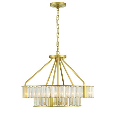 Aged Brass and Crystal 6-Light Two-Tier Chandelier