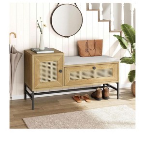 Rattan Shoe Bench With Linen Seat Cushion, Entryway Bench With Storage Cabinet, Wooden Storage Bench For Hallway And Bedroom, Natural Oak - 1 of 4