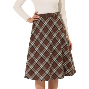 INSPIRE CHIC Women's Tartan Plaid High Waist Belted Vintage A-Line Midi Skirt - 1 of 4