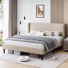 Upholstered Bed Frame With Wingback Headboard-Velvet Platform-Wood Slats-No Box Spring Needed-Easy Assembly-Beige - 2 of 4