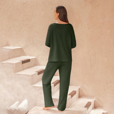 Women's Cozy Olive Green Long Sleeves Pants Pajama Sets - Cupshe