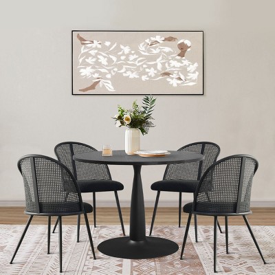 5-Piece Round Dining Table Set with 4 Rattan Backrest Upholstered Chair for Dining Room, Apartment  - Maison Boucle