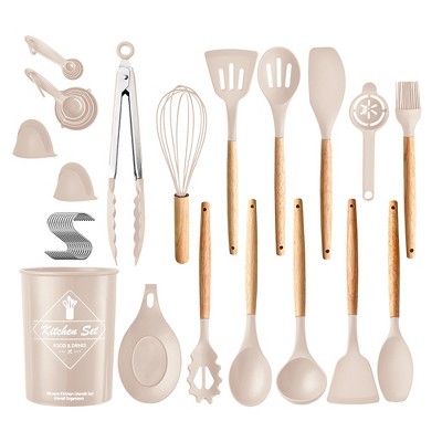 35-Piece Khaki Silicone and Wood Kitchen Utensils Set