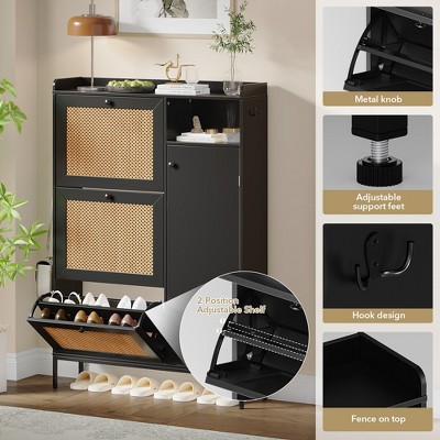 Black Wood and Rattan Freestanding Shoe Cabinet with Adjustable Shelves