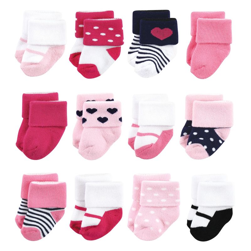 Luvable Friends Baby Girl Newborn and Baby Terry Socks, Pink Mary Janes 12-Pack, 1 of 10