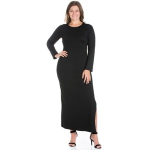 24seven Comfort Apparel Long Sleeve Side Slit Fitted Black Plus Size Maxi Dress - 1 of 4