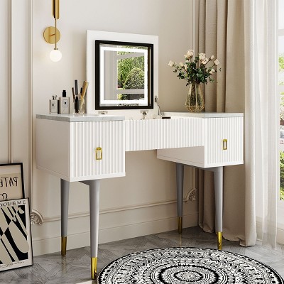 43.3" Yami Bedroom Vanity Table Dresser Desk Sets with  Flip-top Mirror and LED Light-Maison Boucle
