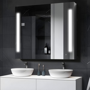 LED Iron Art Rounded Corner Rectangular Black Mirror Cabinet - 1 of 4