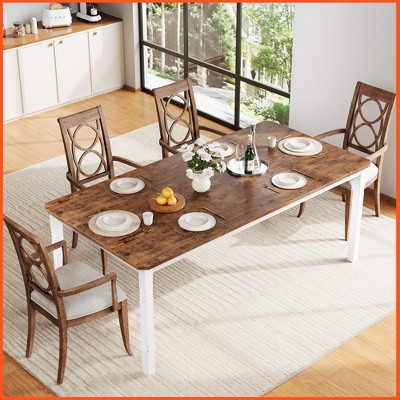 Homhougo 78.7"Farmhouse Dining Table for 6-8 People Rustic Industrial Kitchen Table with Sturdy Metal Frame & Chamfered Corners White