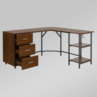 Rustic Walnut Wood Corner Gaming Desk with Drawer Storage